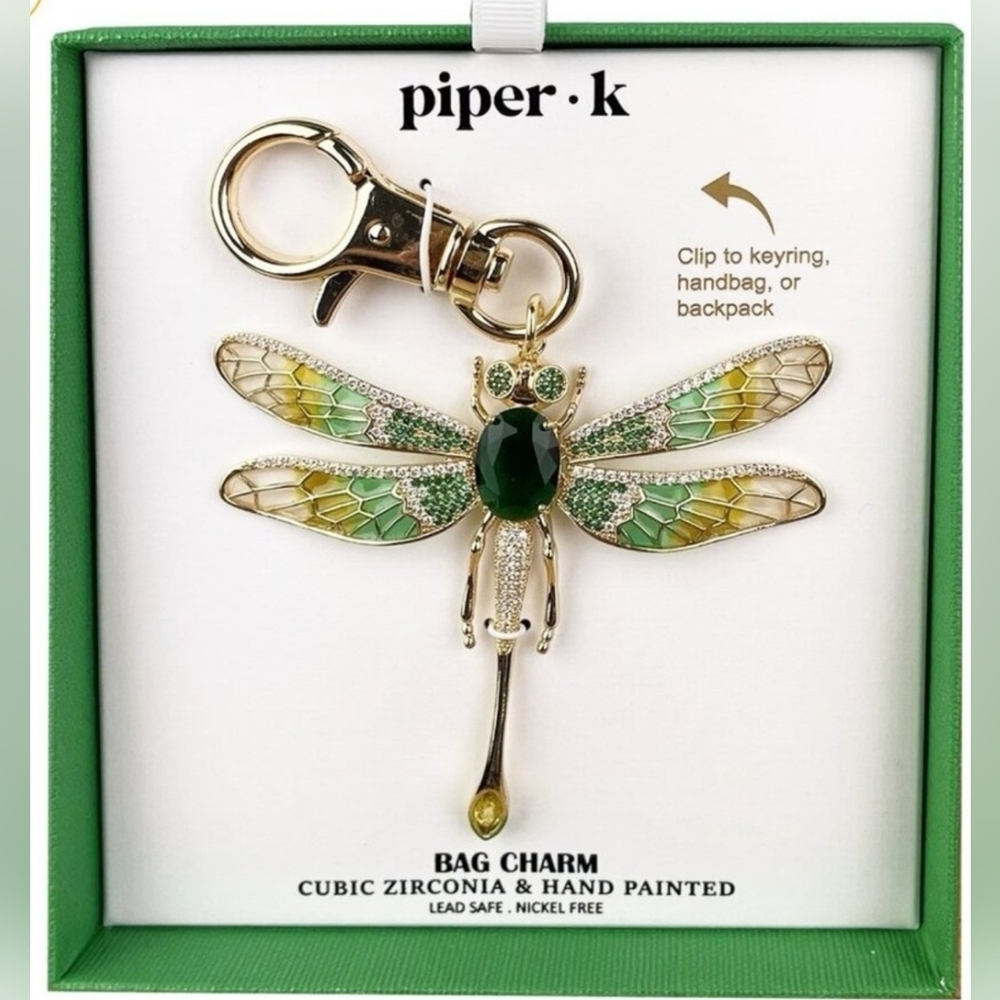 💚▪️Piper K▪️Gold and Green Cubuc Zirconia Hand Painted Dragonfly Bag Charm